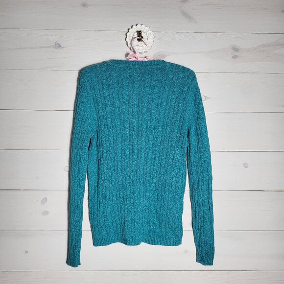 Karen Scott Cable Knit Cozy Cotton Sweater Teal Blue Coastal Christmas Preppy - Picture 4 of 5